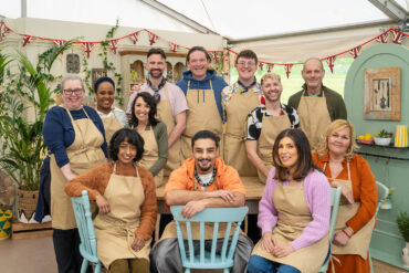 The twelve GBBO bakers from series 15 pose as a group inside the tent