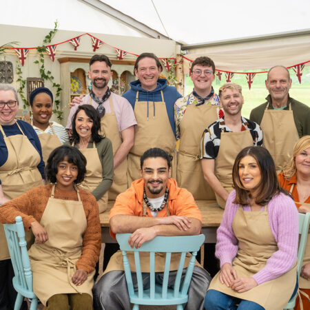 The twelve GBBO bakers from series 15 pose as a group inside the tent