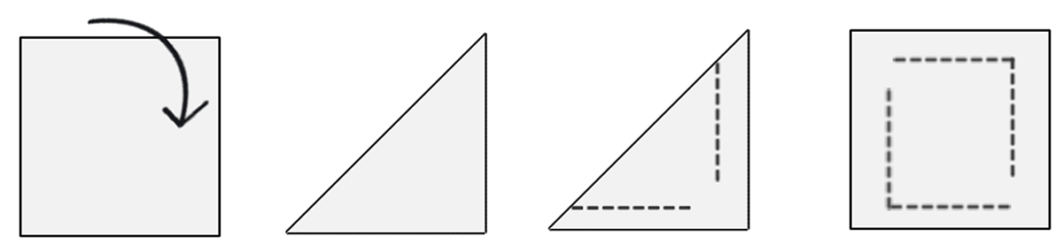 With a knife, make two cuts starting from the longer edge, going towards the point, but stop before the cuts meet. The cuts should run parallel to the edge, and they should be about 1cm from the edge. Unfold the triangle back to a square. You should have created a smaller square within the pastry.