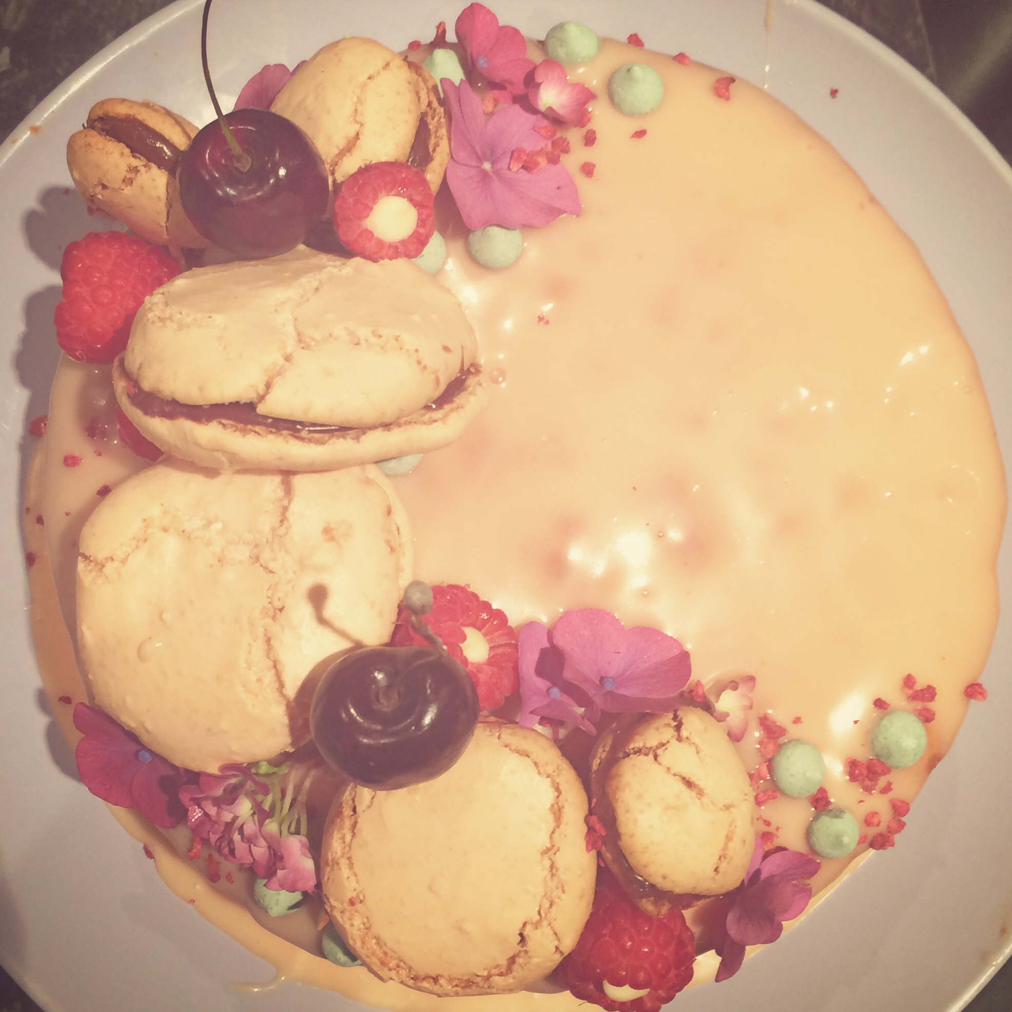Lemon and raspberry macaron cake The Great British Bake Off The